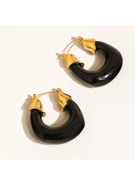 Arlowe 18K Gold Non-Tarnish Resin Hoop Earrings - Black