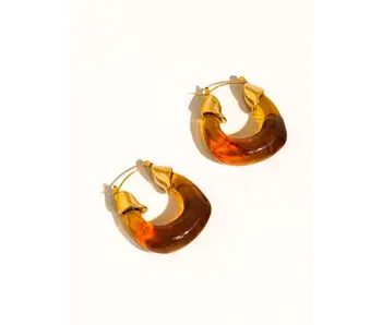 Arlowe 18K Gold Non-Tarnish Resin Hoop Earrings - Brown