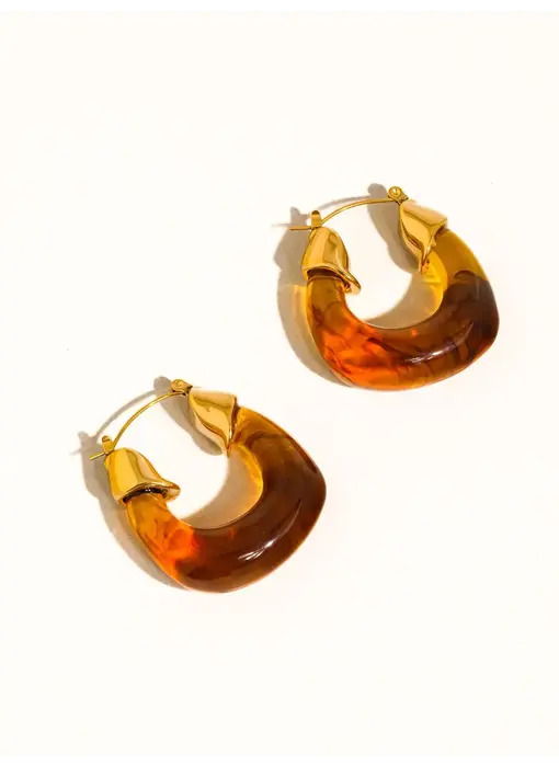 Arlowe 18K Gold Non-Tarnish Resin Hoop Earrings - Brown