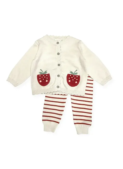 Strawberry Embroidered Pocket Cardigan & Pants