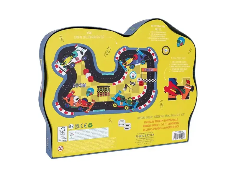 Floss and Rock Cars 80pc "Race Track" Shaped Jigsaw Puzzle with Shaped Box