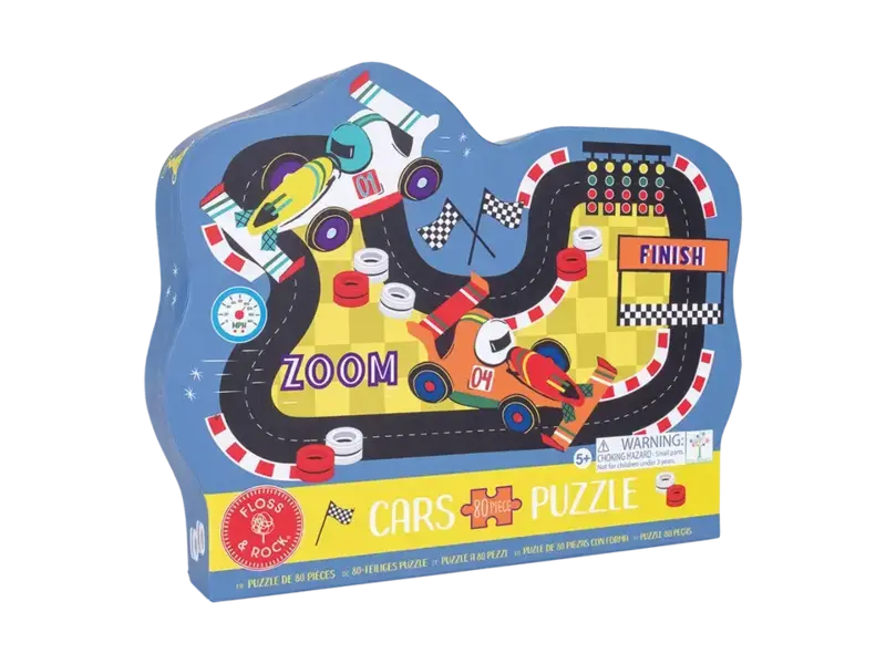 Floss and Rock Cars 80pc "Race Track" Shaped Jigsaw Puzzle with Shaped Box