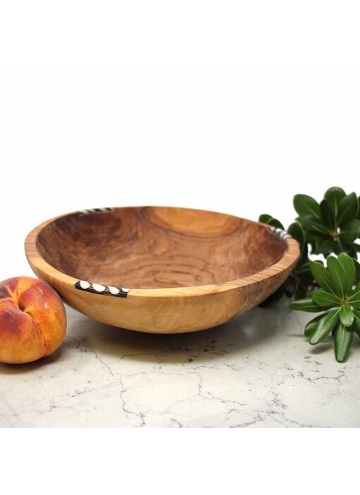 10" Rustic Olive Wood Bowl with Batik Bone Inlay