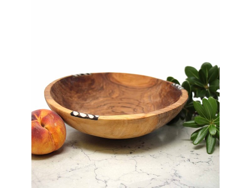 Global Crafts 10" Rustic Olive Wood Bowl with Batik Bone Inlay