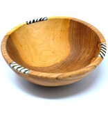 Global Crafts 10" Rustic Olive Wood Bowl with Batik Bone Inlay