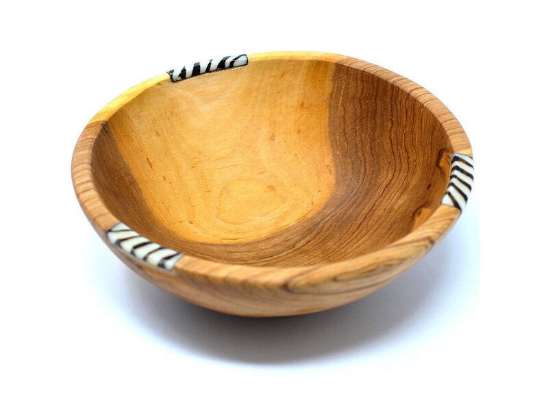 Global Crafts 10" Rustic Olive Wood Bowl with Batik Bone Inlay