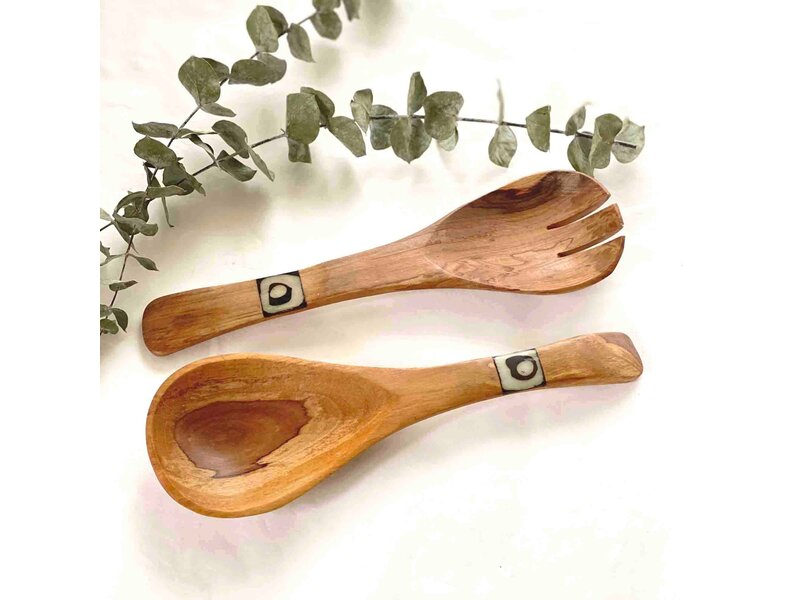Global Crafts Olive Wood Serving Set - Small With Batik Inlay