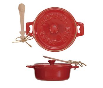 Stoneware Brie Baker w/ Wood Tree Shaped Spoon, Red, Set of 2 (Each One Will Vary)