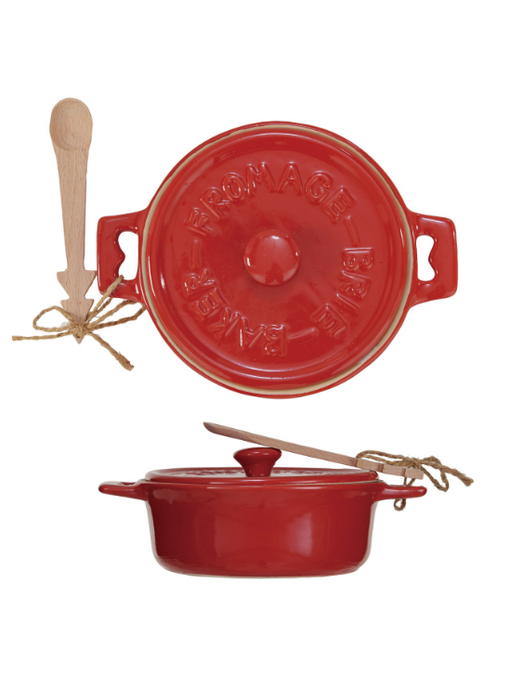 Stoneware Brie Baker w/ Wood Tree Shaped Spoon, Red, Set of 2 (Each One Will Vary)