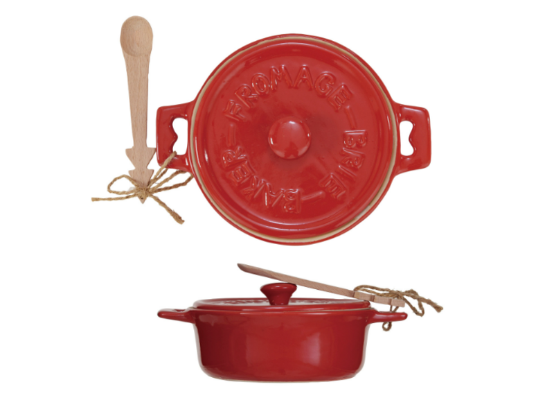 Creative Co-OP Stoneware Brie Baker w/ Wood Tree Shaped Spoon, Red, Set of 2 (Each One Will Vary)