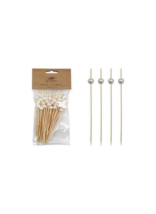 Bamboo Single Use Picks w/ Faux  Pearl Handles, Natural & White