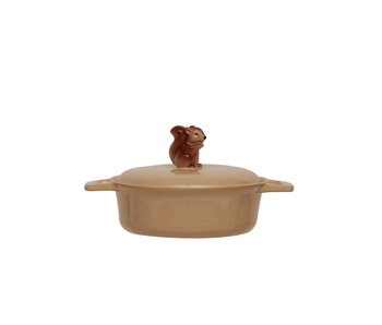 2 Cup Stoneware Baker with Squirrel Finial & Handles, Brown & Beige