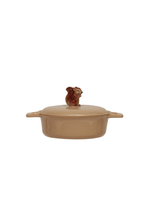 2 Cup Stoneware Baker with Squirrel Finial & Handles, Brown & Beige