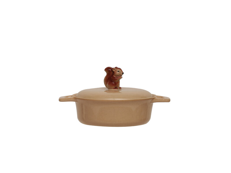 Creative Co-OP 2 Cup Stoneware Baker with Squirrel Finial & Handles, Brown & Beige