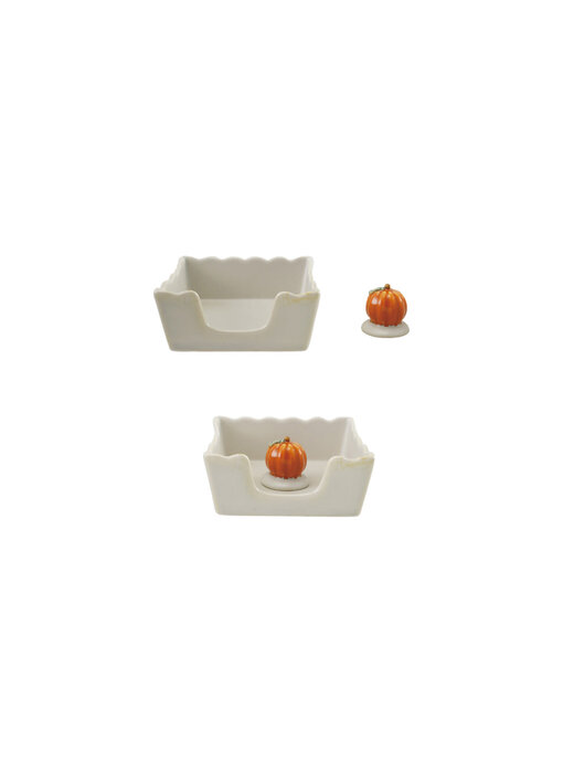 Stoneware Scalloped Cocktail Napkin Holder with pumpkin Weight (Holds 4" Square Napkin)