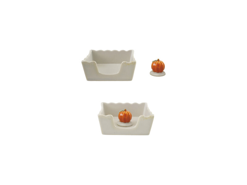 Creative Co-OP Stoneware Scalloped Cocktail Napkin Holder with pumpkin Weight (Holds 4" Square Napkin)