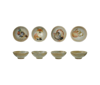 Hand-Painted Stoneware Dish with Animal/Pumpkins, 4 Styles (Each One Will Vary)