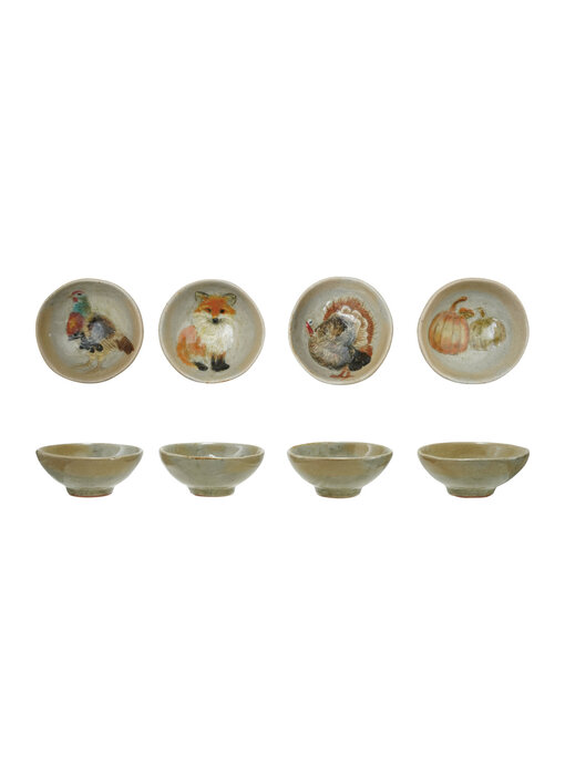 Hand-Painted Stoneware Dish with Animal/Pumpkins, 4 Styles (Each One Will Vary)