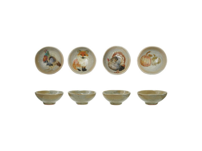 Creative Co-OP Hand-Painted Stoneware Dish with Animal/Pumpkins, 4 Styles (Each One Will Vary)