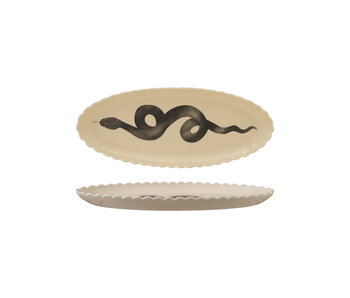 Stoneware Scalloped Platter with Snake, White & Black