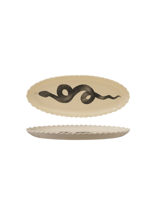 Stoneware Scalloped Platter with Snake, White & Black