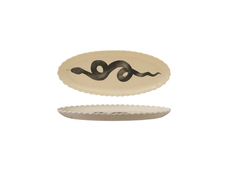 Creative Co-OP Stoneware Scalloped Platter with Snake, White & Black