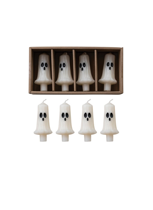 Unscented Ghost Shaped Bottle Taper Candles in Box, White & Black, Set of 4
