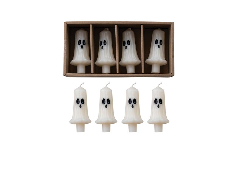 Creative Co-OP Unscented Ghost Shaped Bottle Taper Candles in Box, White & Black, Set of 4