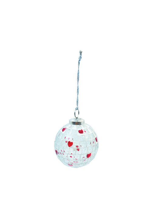 Glass Mosaic Ball Ornament with Hearts, Red & White