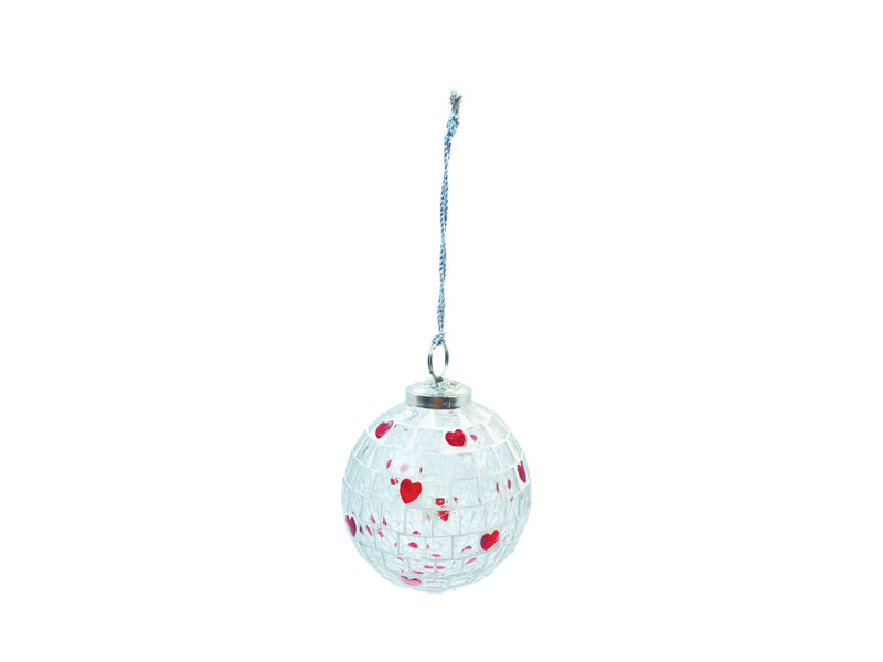Creative Co-OP Glass Mosaic Ball Ornament with Hearts, Red & White