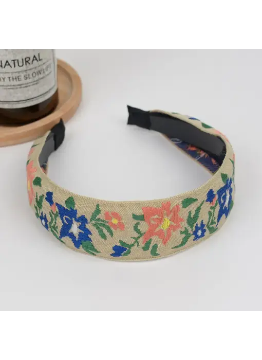 Boho Embroidered Floral Headband - beige