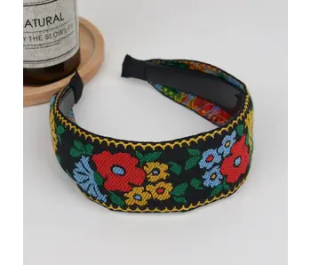 Boho Embroidered Floral Headband - black
