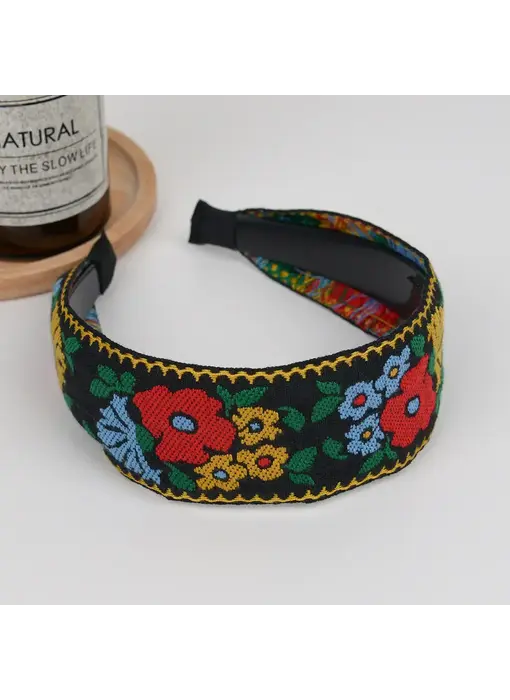Boho Embroidered Floral Headband - black