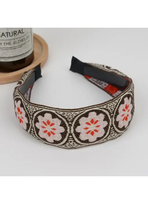 Boho Embroidered Floral Headband - brown
