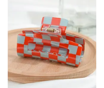 Checkerboard Square Hair Claw Clip - red