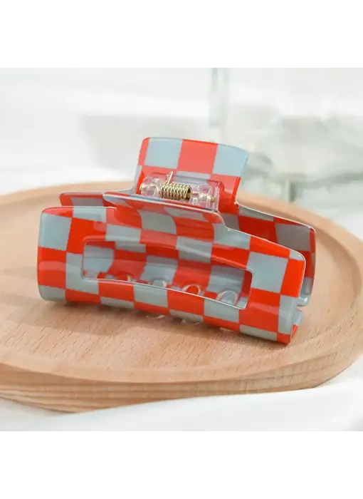 Checkerboard Square Hair Claw Clip - red