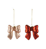 Creative Co-OP Hand-Painted Glass Bow Ornament with Diamond Pattern & Gold Finish Glitter, 2 Colors