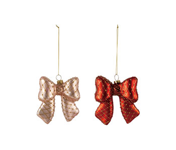 Hand-Painted Glass Bow Ornament with Diamond Pattern & Gold Finish Glitter, 2 Colors