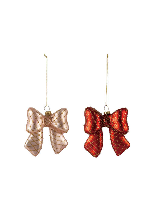Hand-Painted Glass Bow Ornament with Diamond Pattern & Gold Finish Glitter, 2 Colors