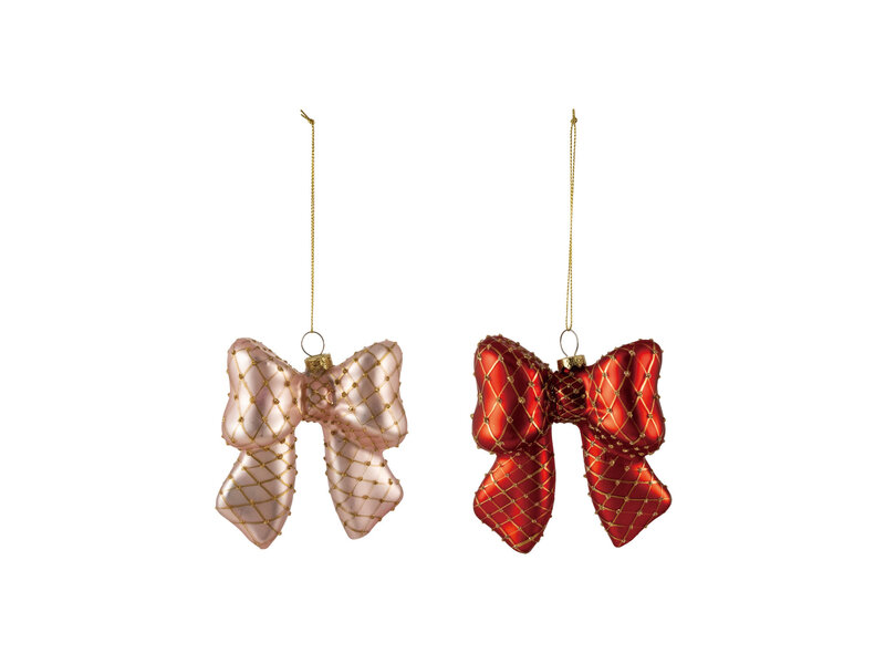 Creative Co-OP Hand-Painted Glass Bow Ornament with Diamond Pattern & Gold Finish Glitter, 2 Colors