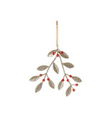 Creative Co-OP Metal & Plastic Bead Mistletoe Ornament with Glitter, Gold Finish & Red