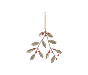 Metal & Plastic Bead Mistletoe Ornament with Glitter, Gold Finish & Red