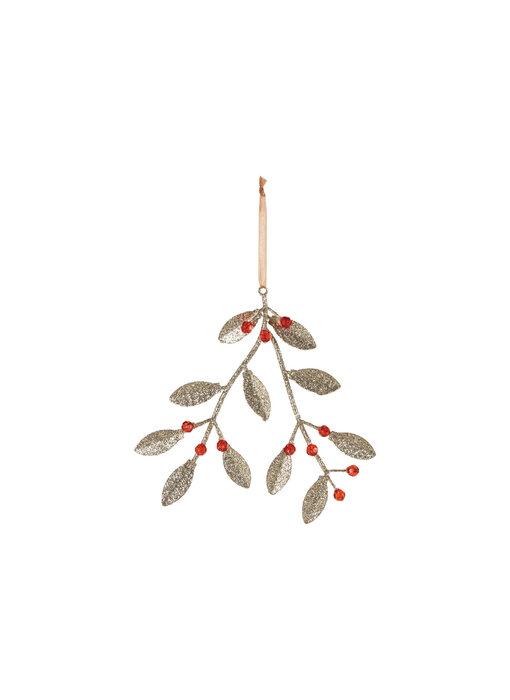 Metal & Plastic Bead Mistletoe Ornament with Glitter, Gold Finish & Red