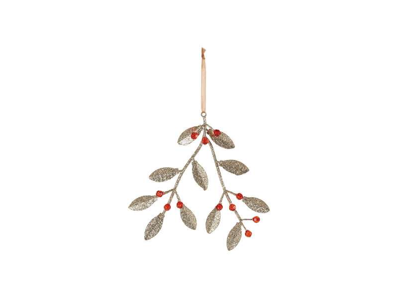 Creative Co-OP Metal & Plastic Bead Mistletoe Ornament with Glitter, Gold Finish & Red