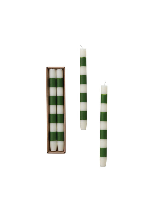 Unscented Taper Candles with Stripes in Box & Green, Set of 2 (Est. Burn Time 10 Hours)
