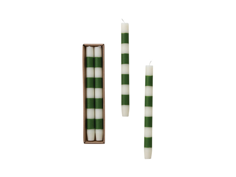 Creative Co-OP Unscented Taper Candles with Stripes in Box & Green, Set of 2 (Est. Burn Time 10 Hours)