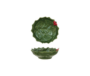 Hand-Painted Holly Leaves Shaped Bowl with Berries, Green & Red