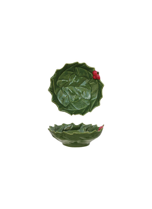 Hand-Painted Holly Leaves Shaped Bowl with Berries, Green & Red