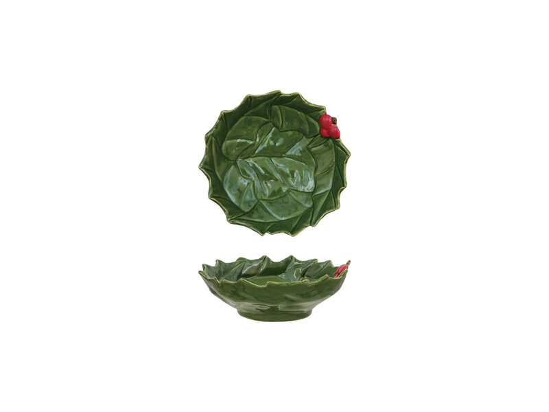 Creative Co-OP Hand-Painted Holly Leaves Shaped Bowl with Berries, Green & Red
