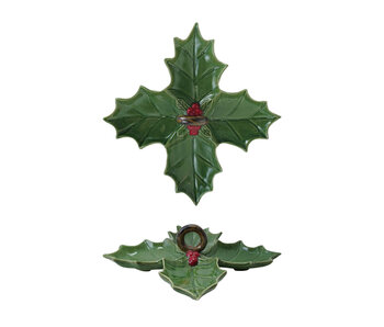 Ceramic Holly Leaf Shaped Dish with 4 Sections & Handle